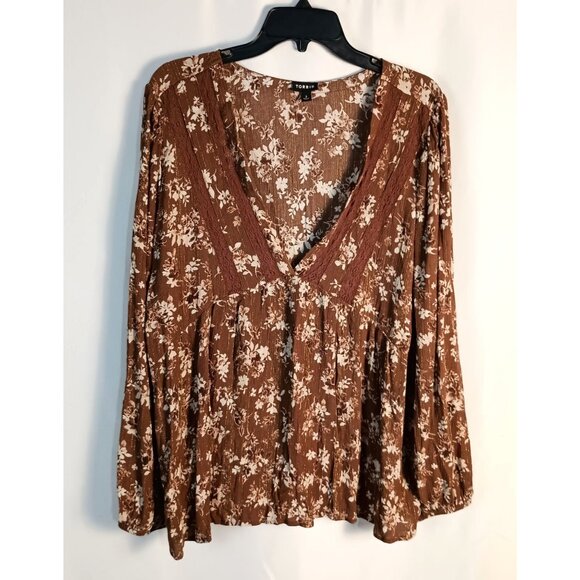 Torrid Lace Inset Boho Tunic Top 2X 18/20 Brown Floral V-Neck Long Sleeve - Picture 2 of 8